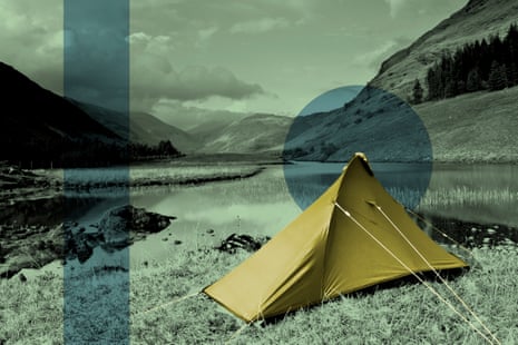 Graphic of a tent on a pebble beach overlooking a river